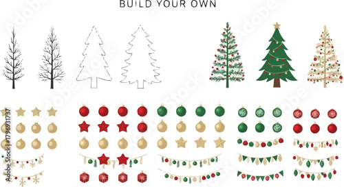 Minimalist Christmas Tree Vector Kit, Bare Pine and Spruce Trees, Editable Holiday Decorations, Stars, Baubles, Garlands, DIY Winter Tree Shapes