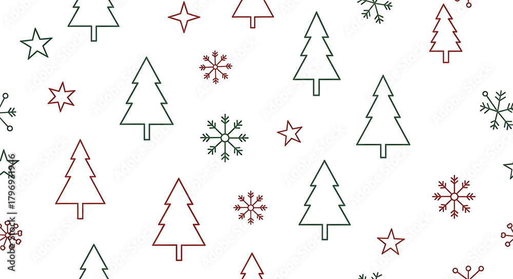 seamless christmas pattern | Minimalist Scandinavian Christmas pattern featuring simple line art trees, snowflakes, and stars in a festive red, white, and forest green color palette