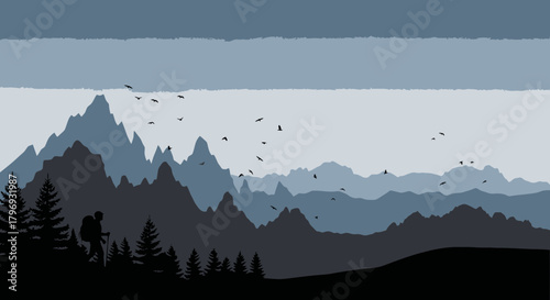 Silhouette of a Hiker in the Mountains with Birds A Serene Landscape Illustration
