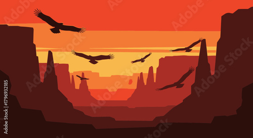 Soaring eagles in a vast canyon at sunset, majestic birds fly freely above majestic rock formations under a dramatic orange sky