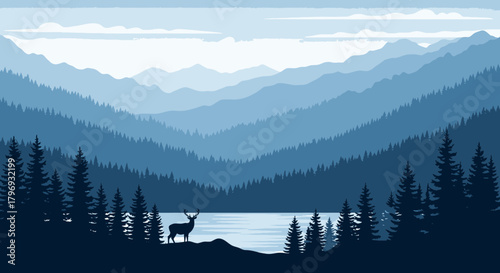 Calming minimalist illustration showcasing a serene blue mountain landscape with a tranquil lake, dense pine forest, and a graceful deer, evoking peaceful wilderness