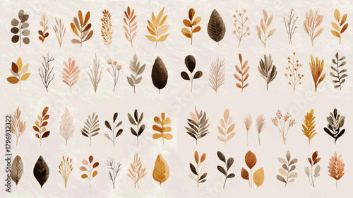 Minimal watercolor leaves and sprigs in warm neutral tones. Elegant botanical clipart for patterns, branding, stationery, scrapbooking, and cozy modern décor.