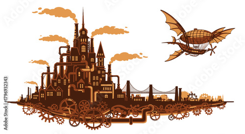Steampunk Cityscape Industrial Revolution Fantasy with Gears, Buildings, and Airship Flying High