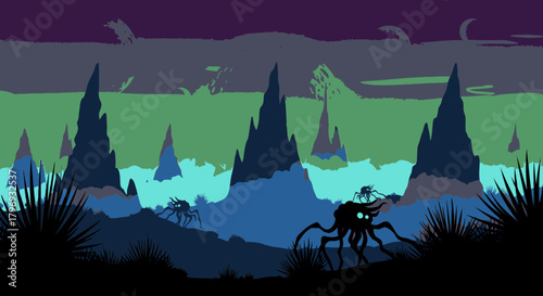 Eerie science fiction illustration of a nocturnal alien ecosystem where spider-like beings traverse a dark, otherworldly landscape