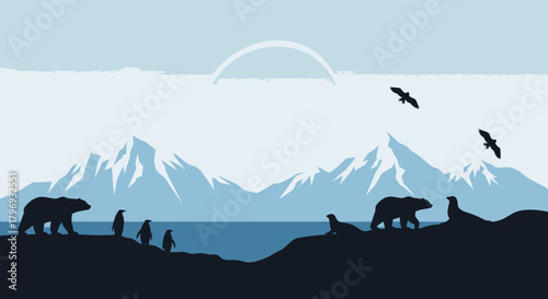 Serene arctic landscape illustration showcasing polar bears, penguins, and seals against a backdrop of snowy mountains