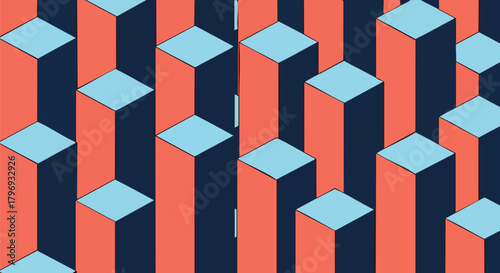 Geometric pattern with coral and blue isometric shapes