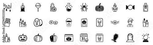 Black and white line-art and glyph Halloween icons pack, pumpkins, jack-o’-lanterns, candles, candy, skulls, coffins, gravestones, crystal balls, spiders, and spooky decorations