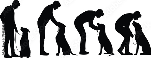 Silhouette man training dog with leash, obedience practice poses, human and pet interaction scene, vector canine training illustration design