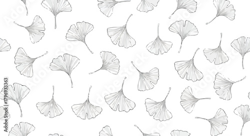 Minimal seamless ginkgo leaf pattern, single-line aspen leaves, vector background, botanical foliage illustration, repeatable design
