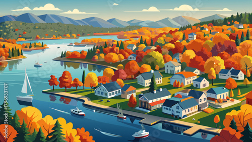 Very beautiful panoramic autumn aerial view of Bay Point at Mill Falls, showcasing vibrant fall foliage surrounding Meredith Bay on Lake Winnipesaukee, with the charming lakeside town of Meredith set 