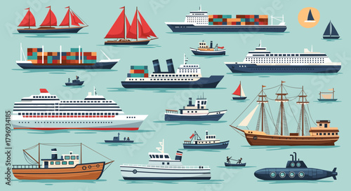 Collection of Diverse Watercraft Sailing on a Calm Sea