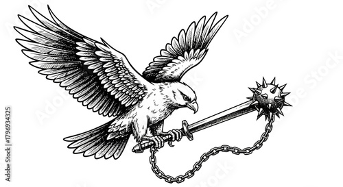 Majestic Black and White Eagle Clutching a Medieval Mace in Flight Illustration