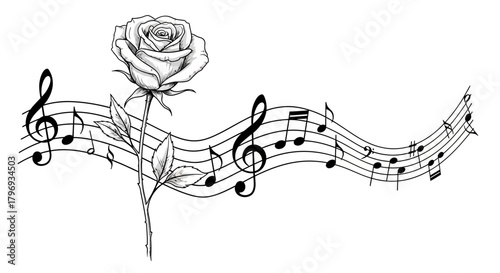 Elegant musical sketch featuring a delicate rose and graceful flowing staff lines music
