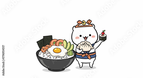 A whimsical depiction of a cute cartoon bear presenting a variety of Asian cuisine options with