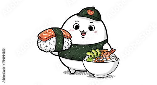 Enchanting food mascot character wearing a cap enjoying sushi and seafood delicacies