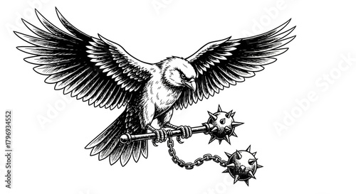 Illustration of a fierce bird perched on a spiked mace ready to unleash power