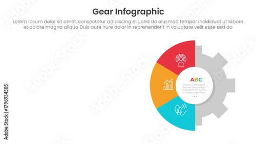Gear shape infographic 3 point stage template with half gear on right column with arrow box container video animation