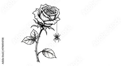 Intricate rose illustration with delicate spider, portraying beauty and contrast in detail