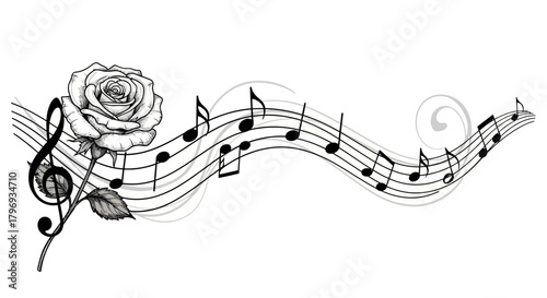 Rose with Musical Note Lines Elegant Black and White Harmony of Nature and Sound
