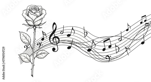 Rose and musical notes entwined in monochrome sketch, representing harmony and beauty