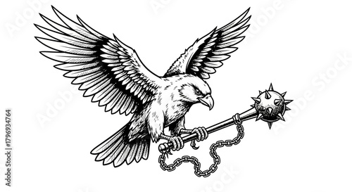 Eagle clutching a chained mace, a symbol of power and authority against a white backdrop