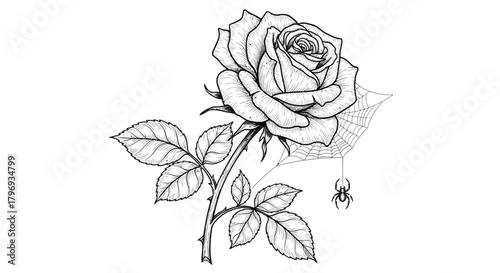 Intricate floral sketch featuring a delicate rose blossom and spider web design