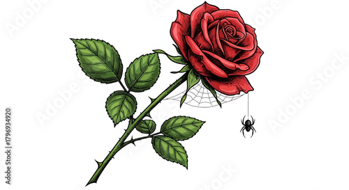 Artistic depiction of a red rose with green leaves and a spider web decoration