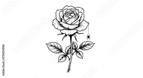 Monochrome rose and spider illustration portraying delicate beauty and hidden threat