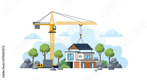Modern House Construction With Crane In Green Landscape