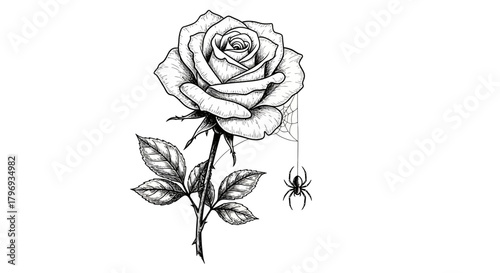 Monochromatic rose elegance juxtaposed with a delicate spider descending on its web