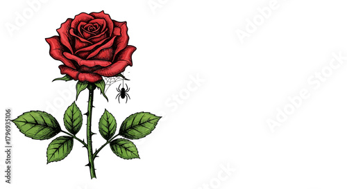 Scarlet rose with hidden secrets sketch a delicate bloom shadowed by a tiny arachnid presence