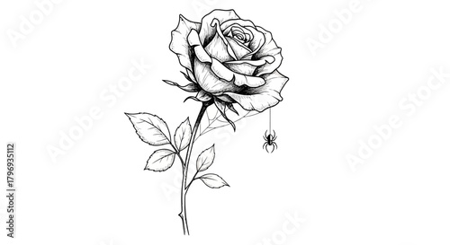 Mysterious monochrome rose with delicate spiderweb detail a captivating illustration