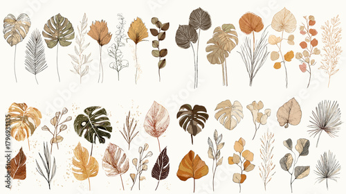 Curated watercolor leaves and stems in warm neutral tones—monstera, palm, eucalyptus, fern. Trendy botanical clipart for patterns, posters, textiles, and modern decor.