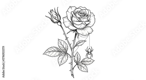 Detailed rose flower with spider drawing in monochrome, intricate tattoo design inspiration