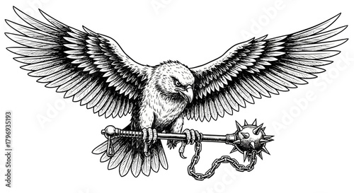 Intricate eagle illustration with spread wings clutching a spiked mace for symbolic graphic design