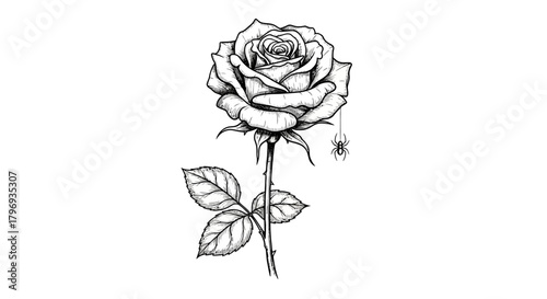 Elegant monochrome rose blossom alongside a delicate arachnid element for tattoo art