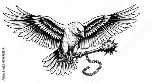 Eagle strikes with mace, vintage illustration of a powerful bird gripping a weapon in flight