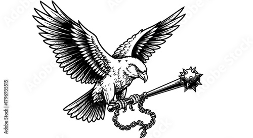 Majestic monochrome heraldic eagle clutching a spiked mace emblem illustration design