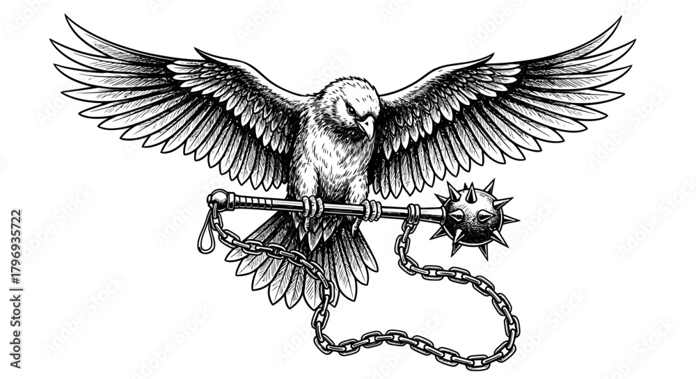 Fototapeta premium Sketch of an eagle bearing a spiky mace representing power and defiance symbolic illustration
