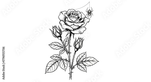 Elegant botanical illustration of a rose and buds with delicate spider hanging above