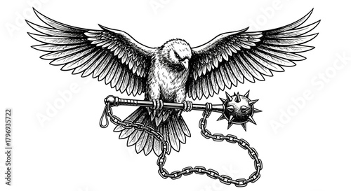 Sketch of an eagle bearing a spiky mace representing power and defiance symbolic illustration