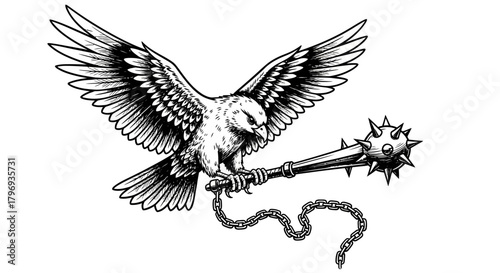 Monochromatic depiction showcasing a bird of prey clutching a spiked weapon with wings spread wide