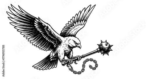 Eagle soaring with a mace, a symbol of power and control depicted in monochrome artwork