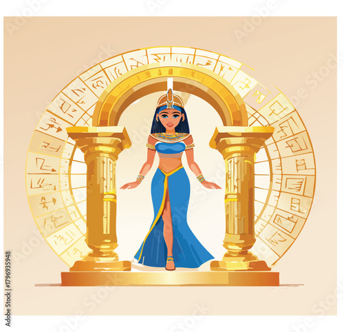 Stunning Egyptian queen in golden temple archway, a symbol of ancient royalty, power, and beauty, great for historical documentaries and museum exhibits