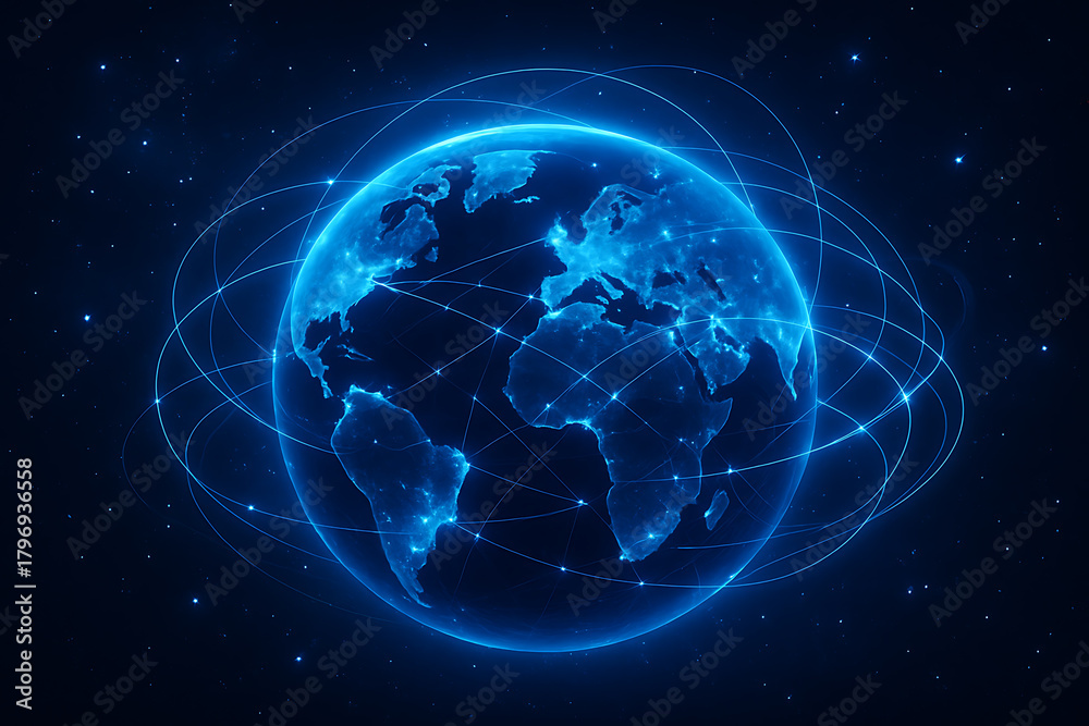 Fototapeta premium Futuristic digital Earth with glowing global network connections and technology background