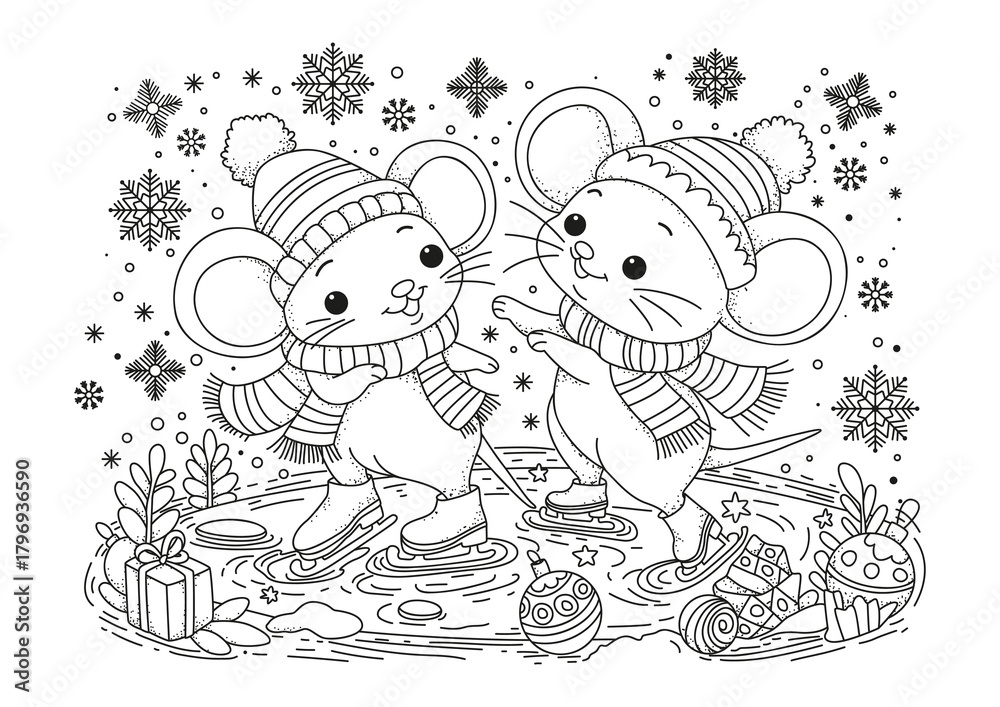 Naklejka premium Two cute mice skating on a frozen pond. This coloring page is for kids and adults. Black and white illustration for coloring.