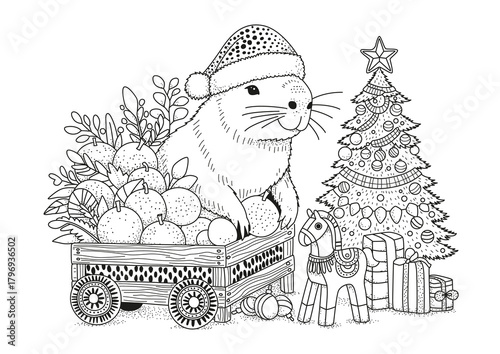 A cute capybara wearing a Santa hat sits in a wooden cart filled with tangerines. This coloring page is for children and adults. Black and white illustration for coloring.