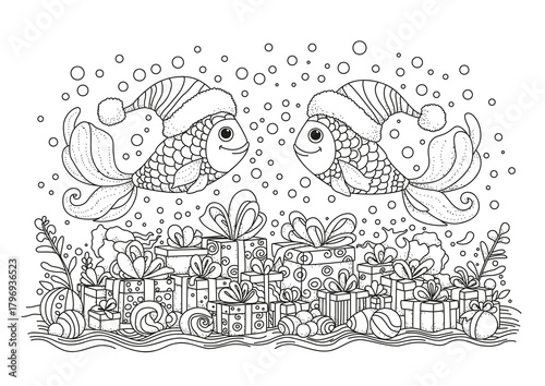 Two cute Christmas fish wearing Santa hats swim underwater above gift boxes. This coloring page is for kids and adults. Black and white illustration for coloring.