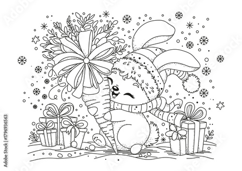 A cute Christmas bunny in a winter hat holds a carrot decorated with a bow in its paws. This coloring page is for children and adults. Black and white illustration for coloring.