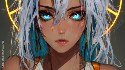 Identity fragmentation in media reflects complexity of modern existence, showcasing striking character with vibrant blue eyes and unique hair